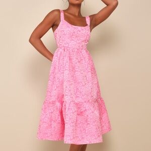 Lulus Spanish Getaway Pink Floral Lace-up Midi Dress With Pockets - Size S
